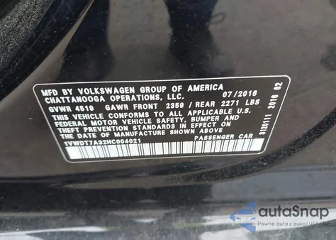 2017 Volkswagen Passat 1.8T R-Line z USA, uszkodzony, nr VIN 1VWDT7A32HC004021